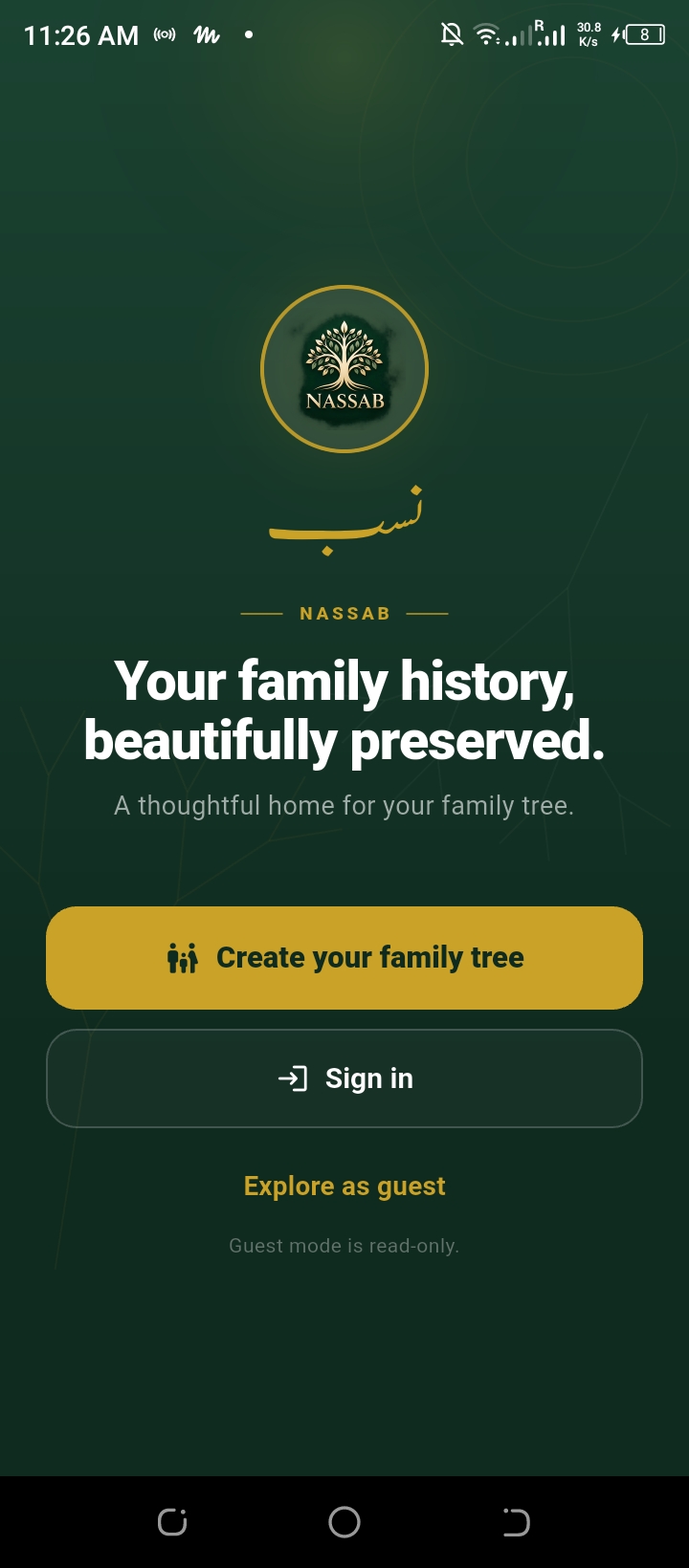 NASSAB welcome screen: Your family history, beautifully preserved